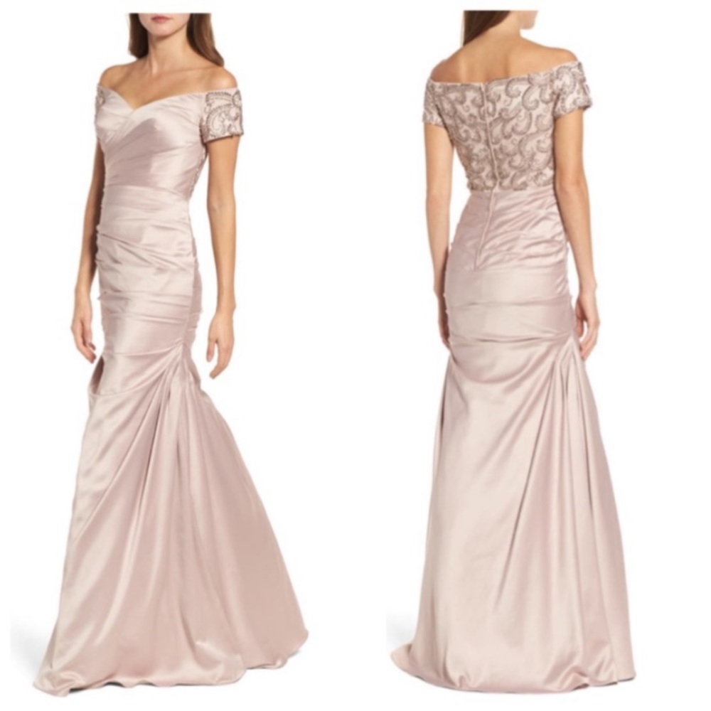 New! La Femme Off the Shoulder Beaded Satin Trumpet Gown